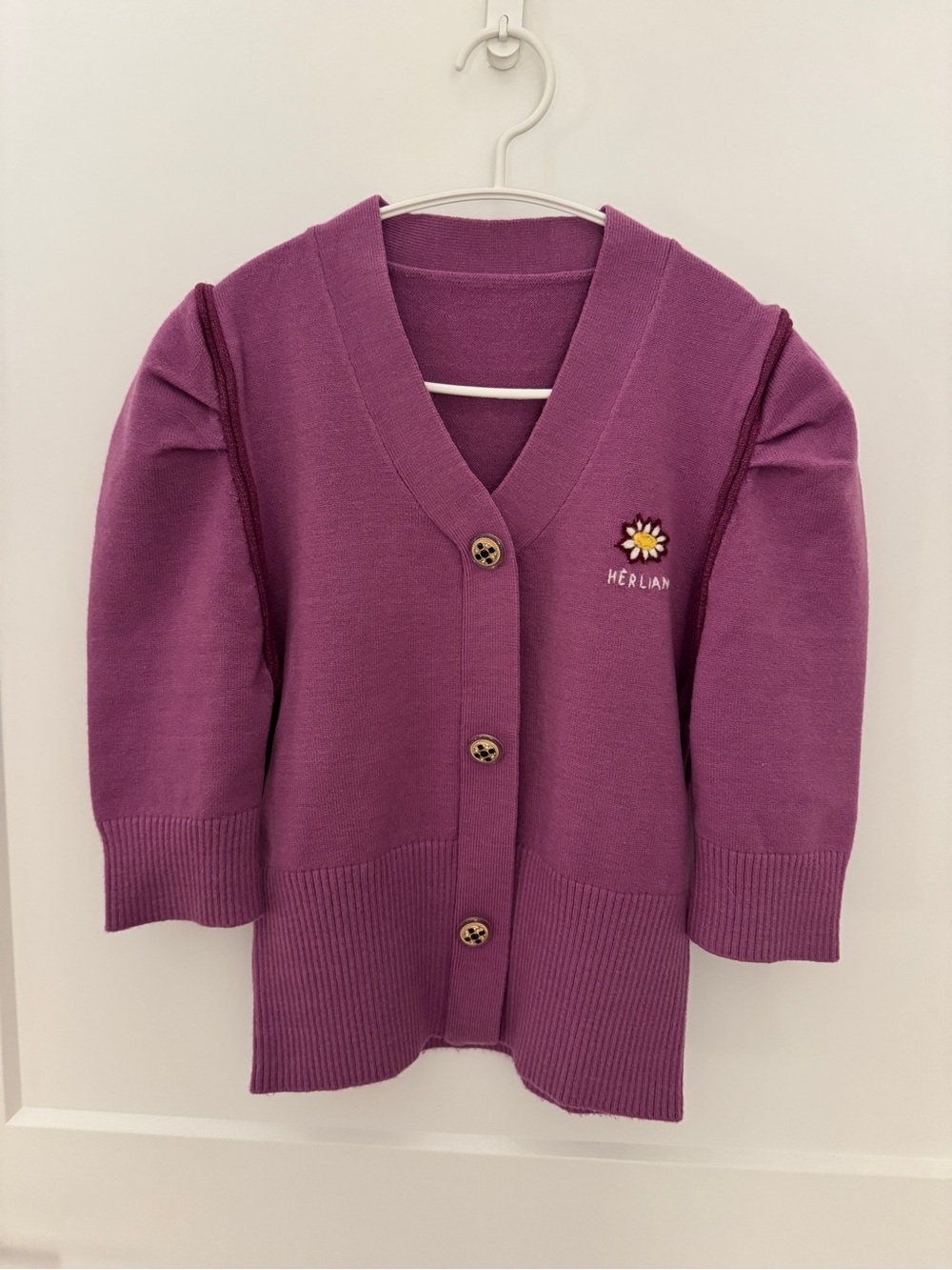 Women’s V-Neck Purple Cardigan with Daisy Embroidery